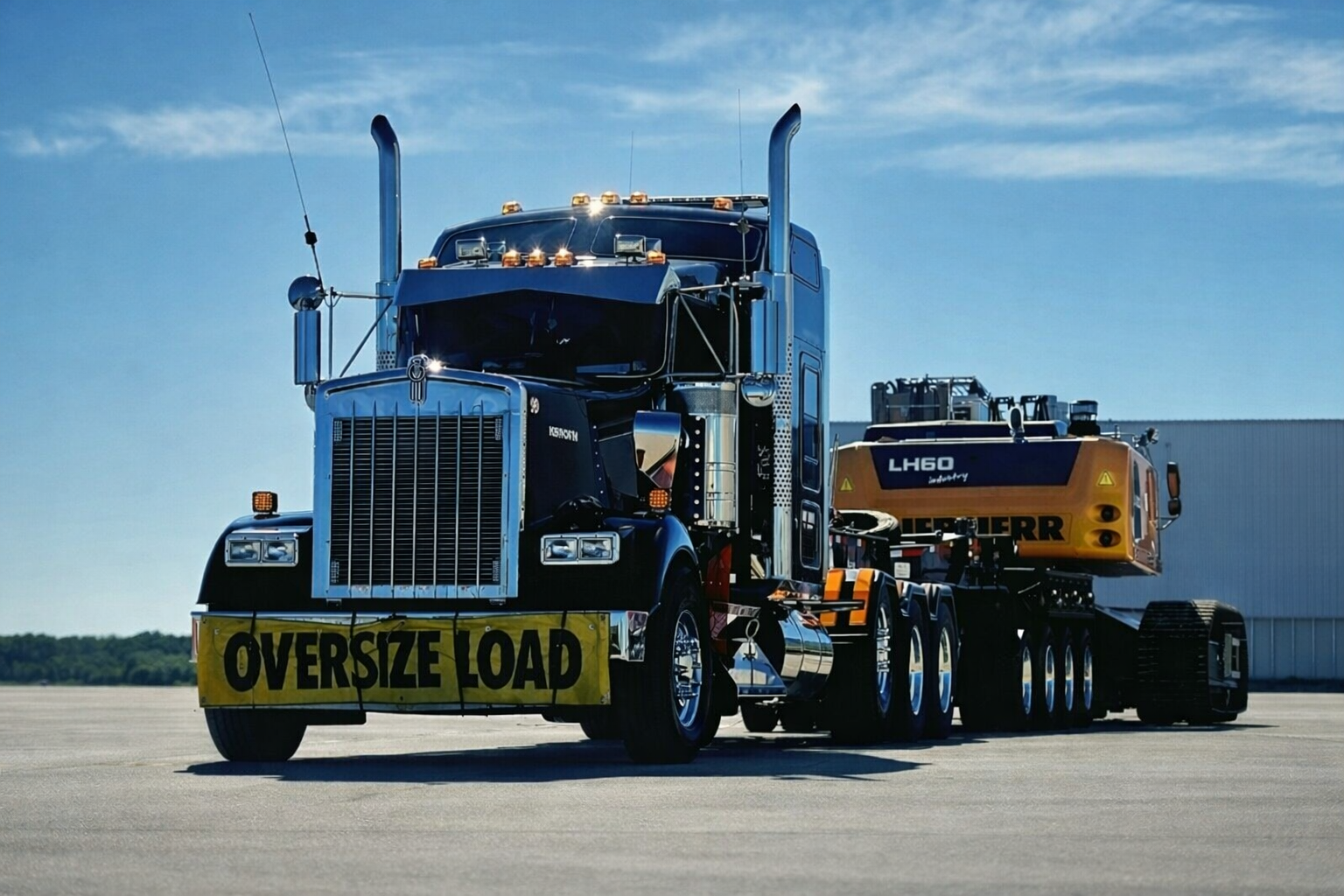 Two RCS Trucking flatbed trucks hauling oversized equipment on a sunny day.