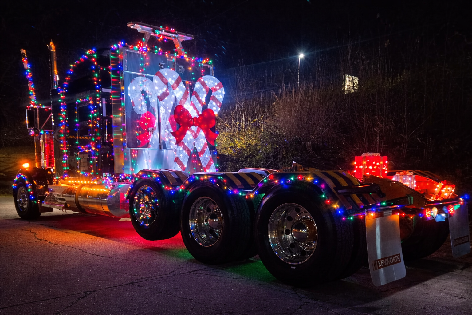 RCS Trucking semi-truck decorated with colorful Christmas lights along the side during a holiday parade.