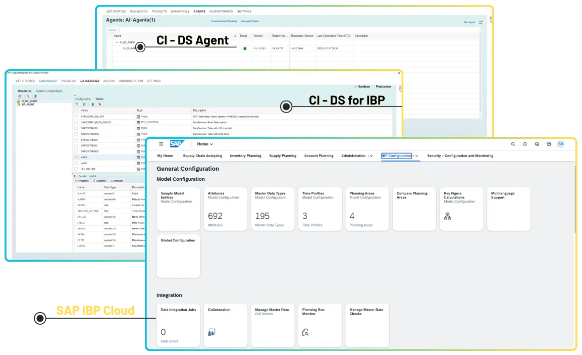 Composite screenshot showing SAP IBP interfaces: upper section with CI - DS Agent status, middle section displaying CI - DS for IBP datastore configurations, and lower section highlighting SAP IBP Cloud general configuration and integration options.