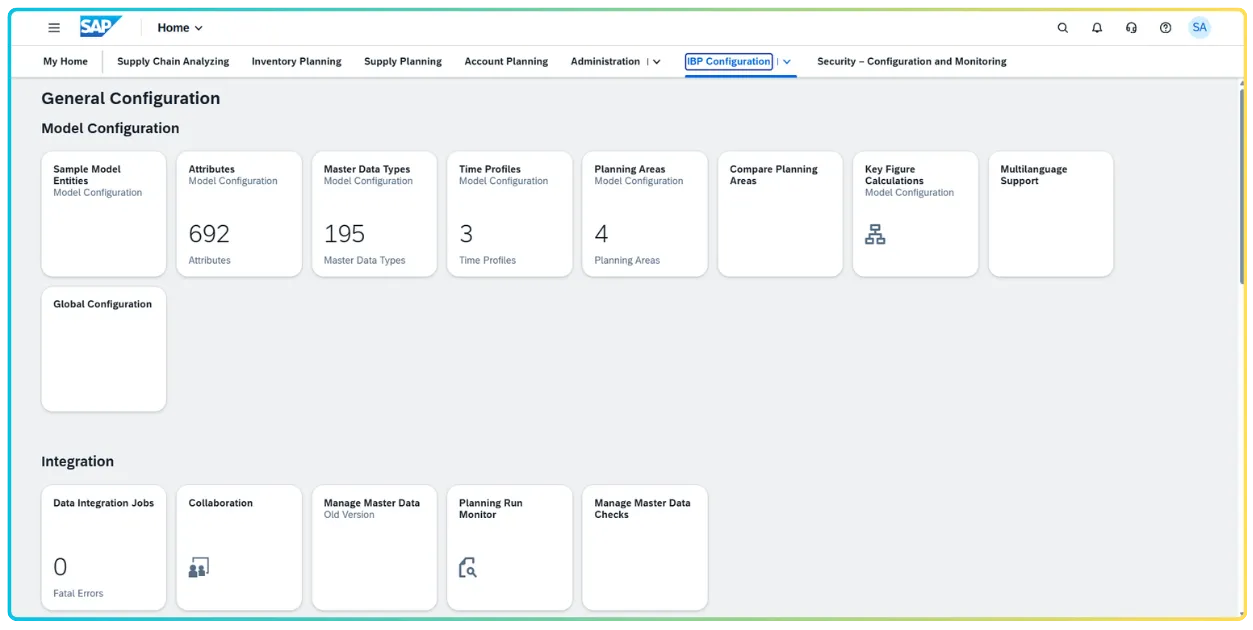 SAP IBP System Access screen showing General Configuration with Model Configuration tiles including Attributes, Master Data Types, Time Profiles, Planning Areas, and Integration section with Data Integration Jobs showing zero fatal errors.