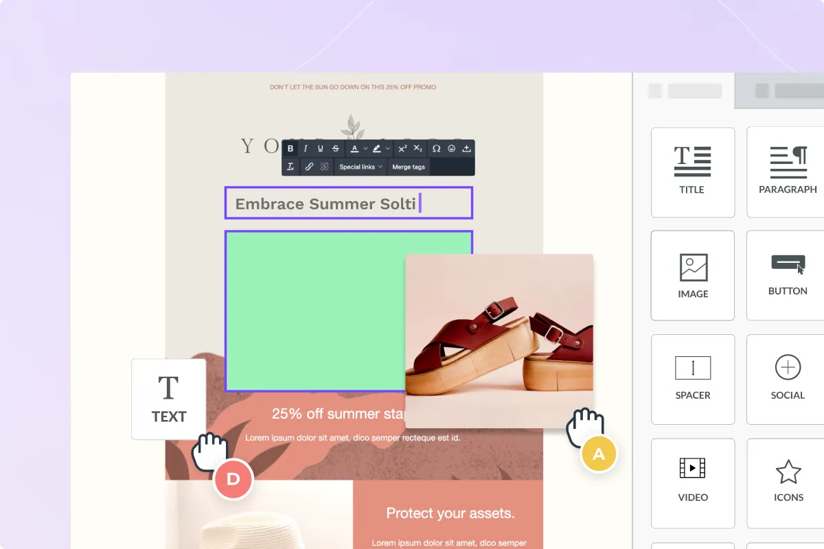 User interface of an email template editor showing text and image blocks being dragged to create a summer sale campaign.