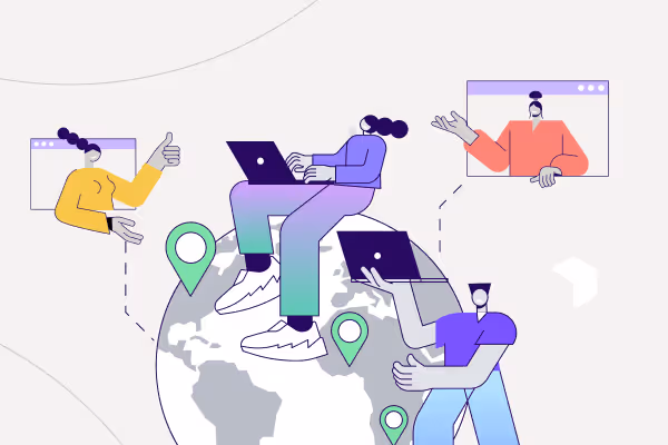 Illustration of global team collaboration with laptops and location pins, symbolizing Beefree SDK’s worldwide SaaS reach.