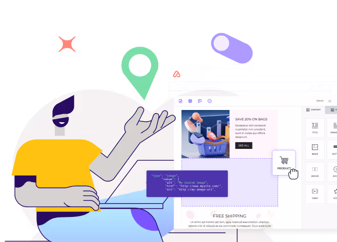 Illustration of user interacting with BEE email editor interface, highlighting drag-and-drop product block and code snippet.