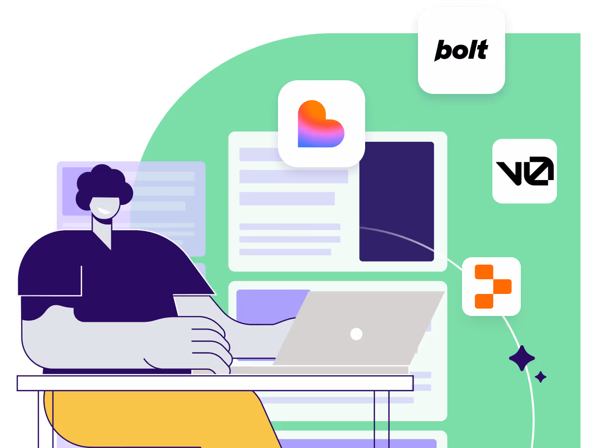 Illustration of a person working on a laptop with app or service logos including Bolt, and others floating around on a green circular background.