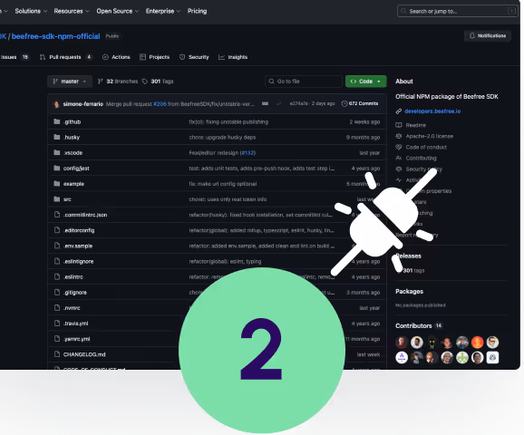 GitHub repository page for Beefree SDK showing project files and a large green circle with the number 2 and an electric plug icon.