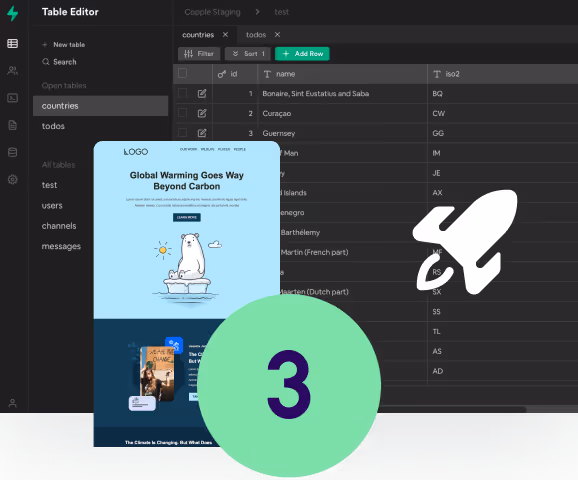 Screenshot of a dark-themed table editor interface showing a list of countries with columns for id, name, and ISO2 codes, and overlay graphics including a polar bear on ice with global warming text, a tablet showing a video, and a large green circle with the number 3.