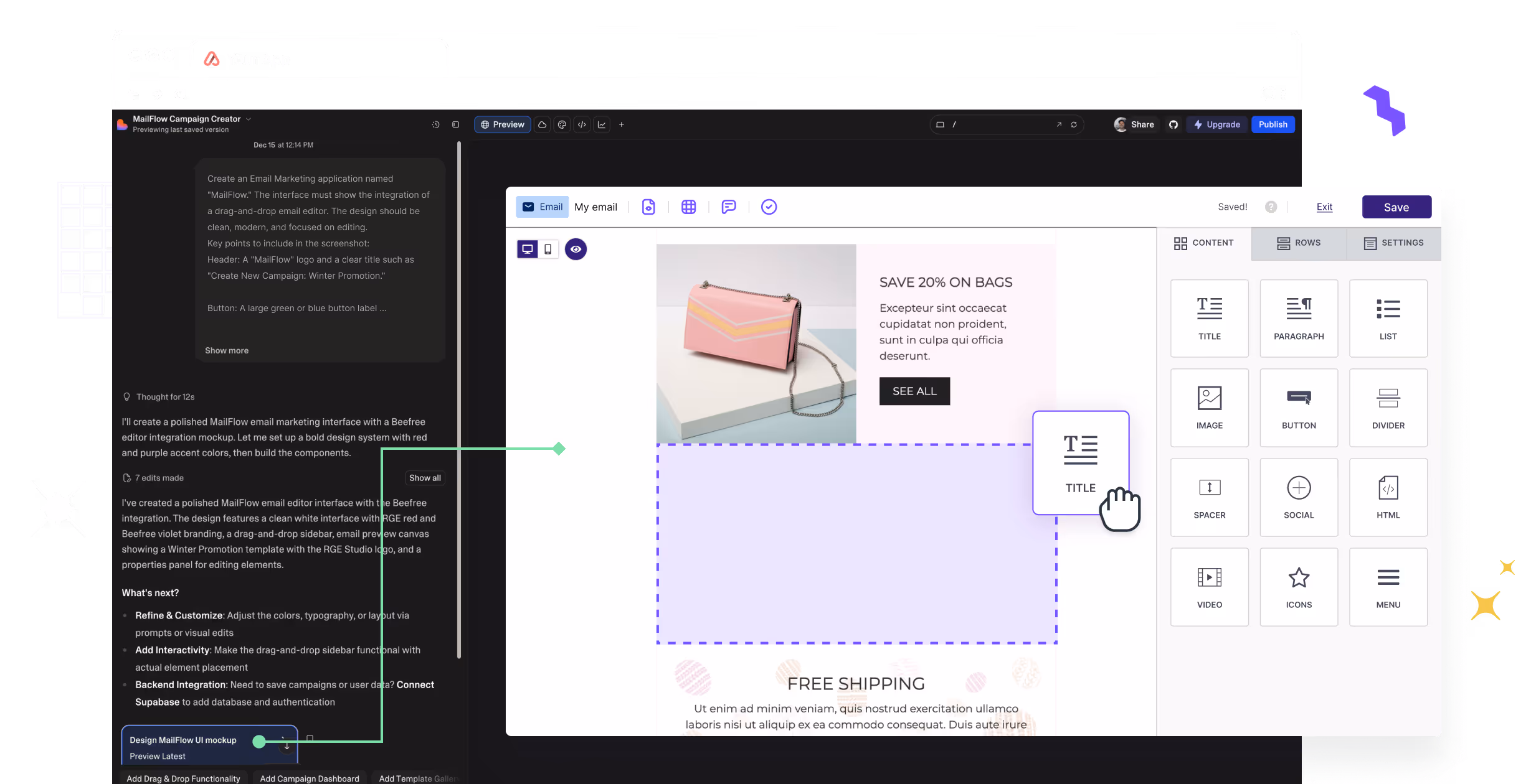 Beefree SDK interface with drag-and-drop editor showing a pink bag promotion, content panel, and sidebar with editable elements.