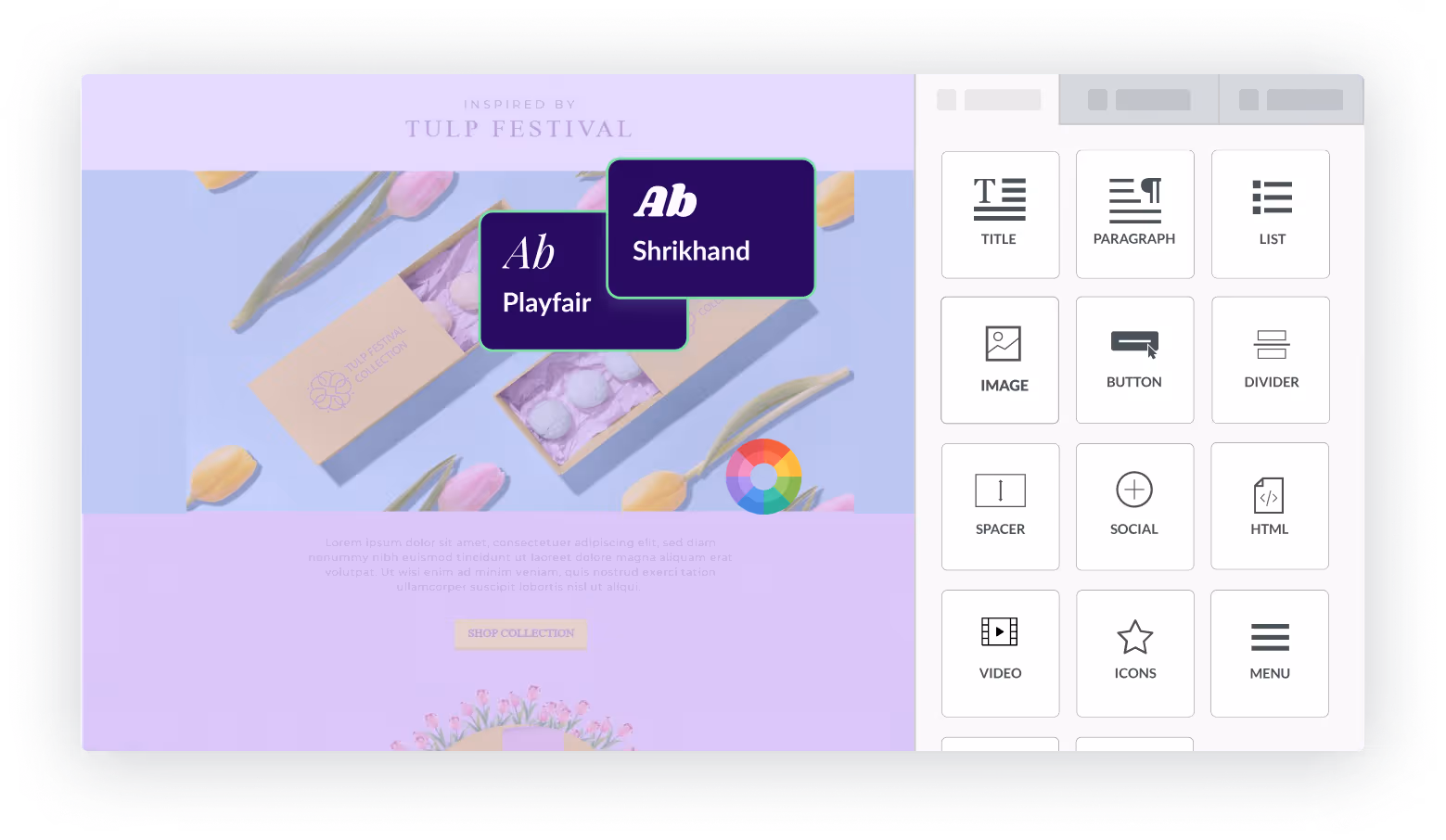Landing page design interface showing a Tulip Festival inspired collection with Playfair and Shrikhhand fonts and a sidebar of content editing options.