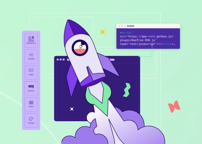 Illustration of a rocket launching from a code editor with Beefree SDK embed script, symbolizing fast integration.Illustration of a rocket launching from a code editor with Beefree SDK embed script, symbolizing fast integration.