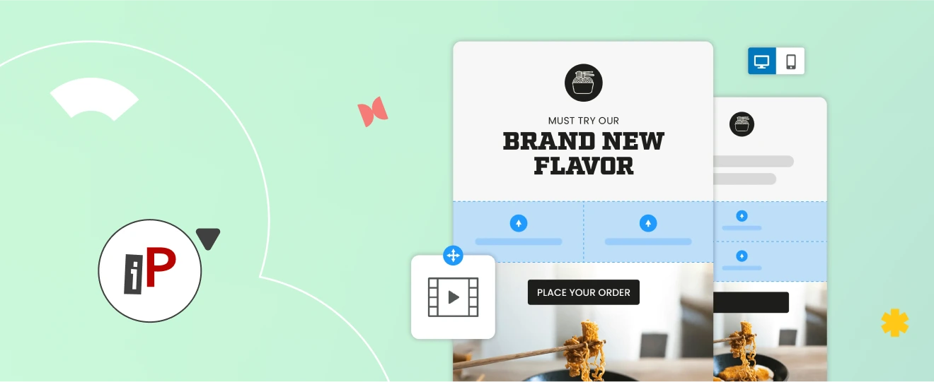 Responsive email template promoting a new food product with drag-and-drop video block and “Place Your Order” CTA.
