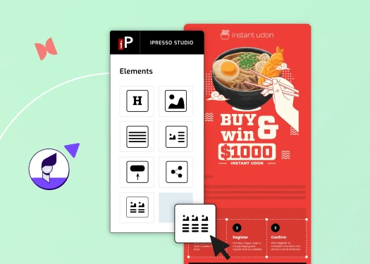 Email editor with drag-and-drop elements customizing a bold red promo for instant udon and $1000 giveaway.