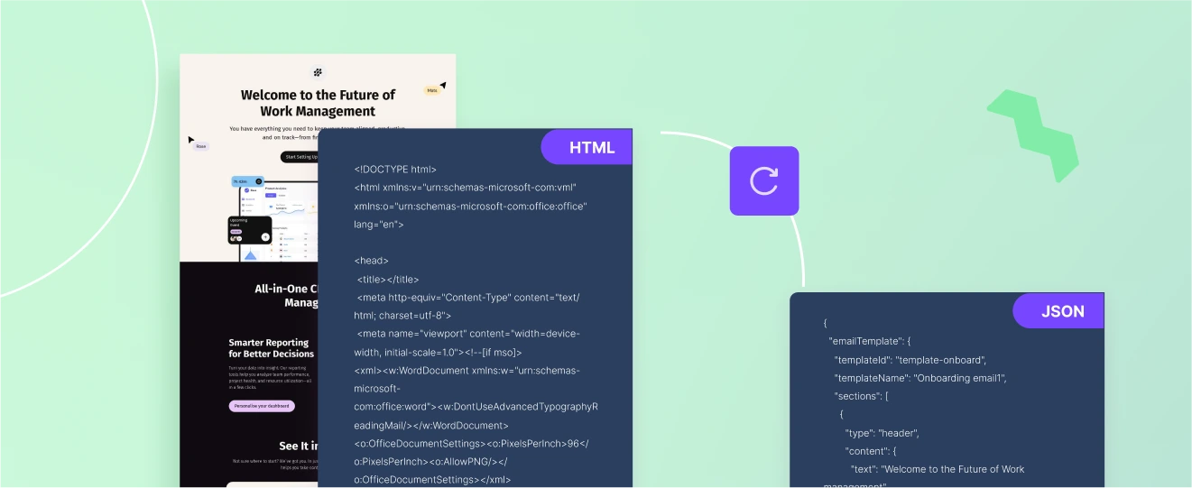 Visual representation of converting an onboarding email between HTML and JSON formats for flexible content management.