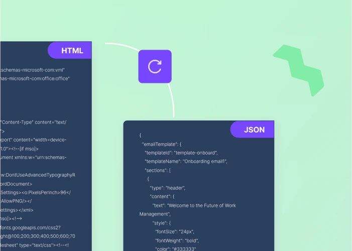 Visual representation of converting an onboarding email between HTML and JSON formats for flexible content management.