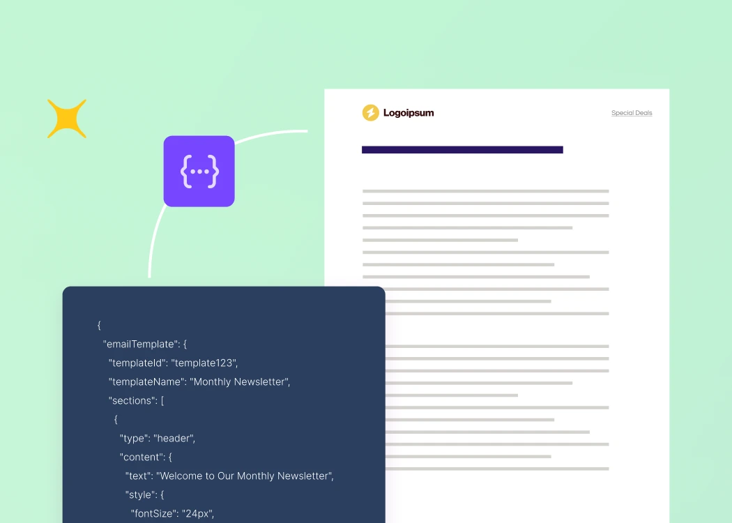 Illustration showing JSON email template transforming into a rendered newsletter, highlighting dynamic content generation.