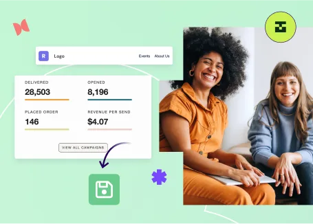 Two smiling women sitting together beside campaign analytics showing email performance metrics.