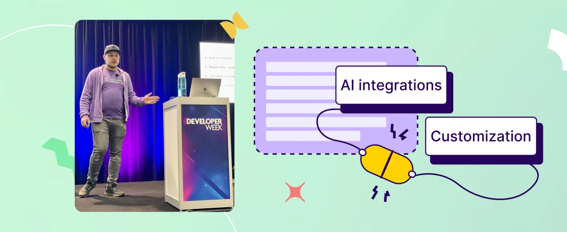 Speaker presenting at Developer Week with AI integrations and customization icons on the right.