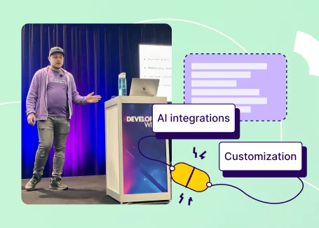 Speaker presenting at Developer Week with AI integrations and customization icons on the right.