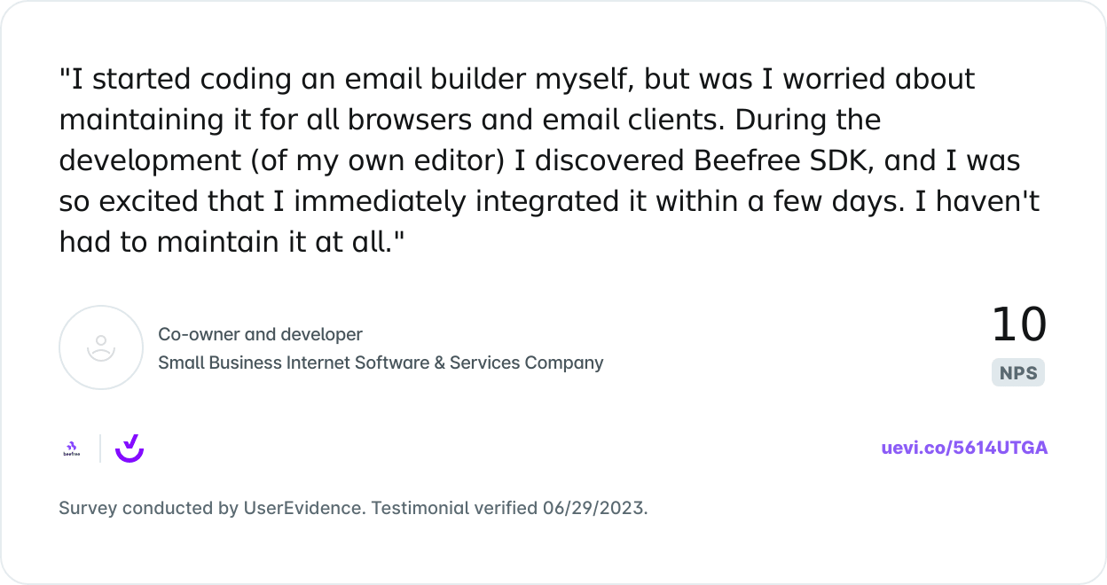 Testimonial from developer praising quick integration and low maintenance of Beefree SDK.