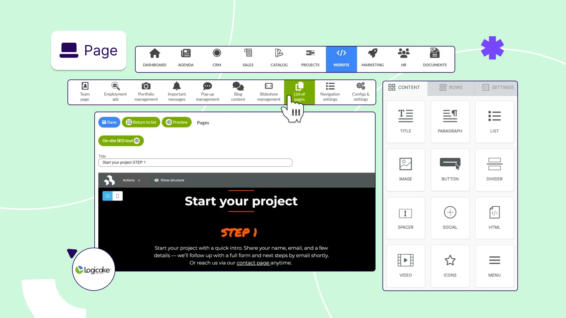 Logicake page builder interface with drag-and-drop tools to create and customize website pages easily.