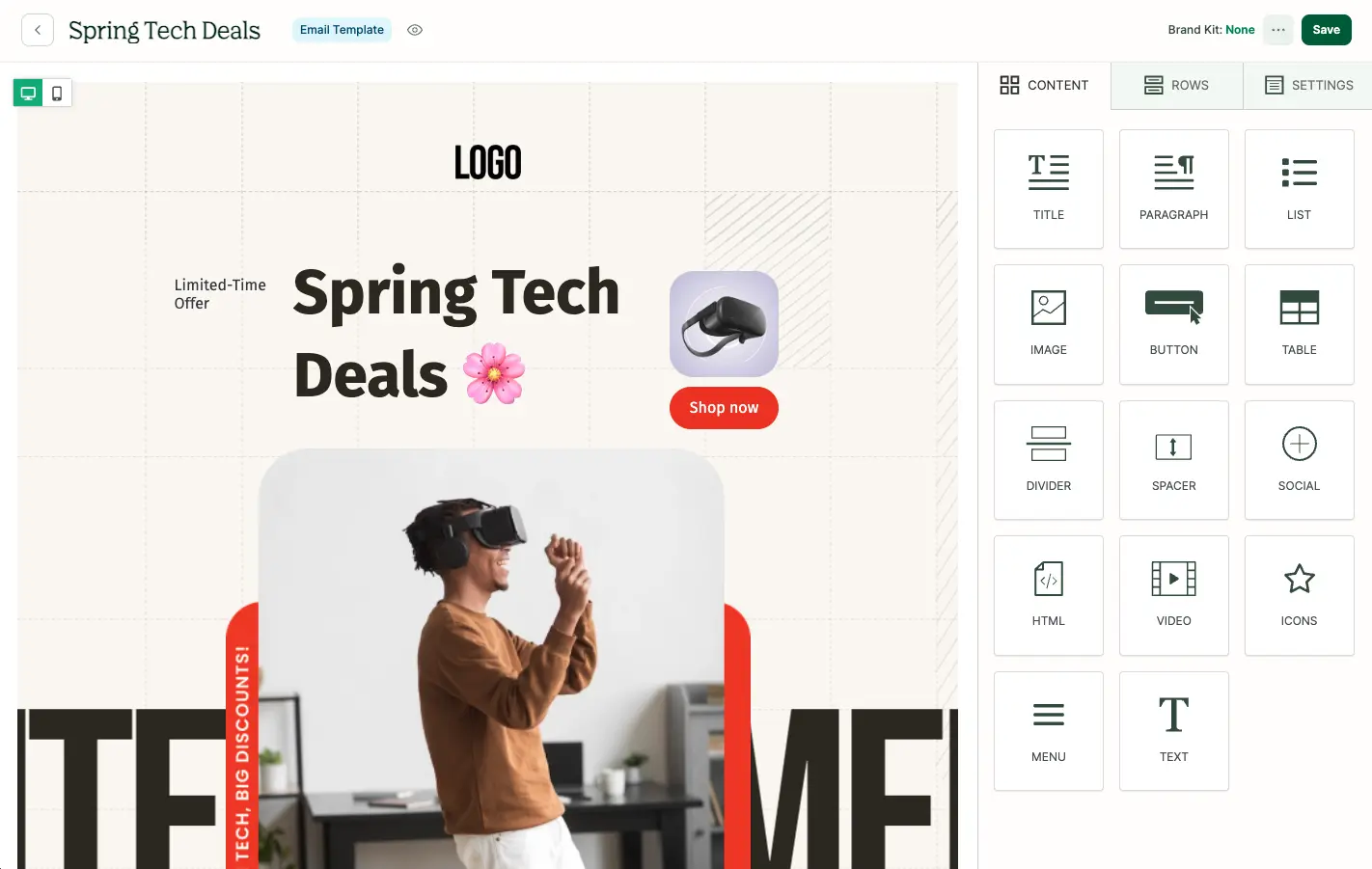 Email template editor showcasing a Spring Tech Deals campaign with drag-and-drop content elements.