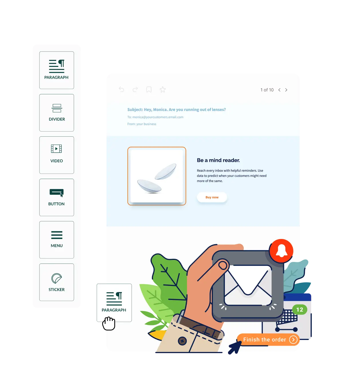 Email editor showing Samba.ai’s personalized reminder campaign with drag-and-drop design features.