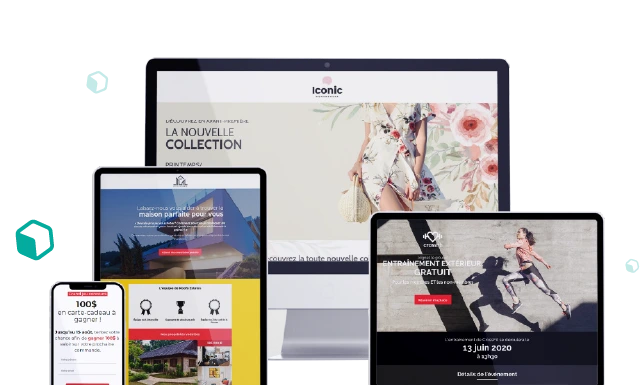 Web pages displayed on multiple devices, built with Leadfox and Beefree SDK.