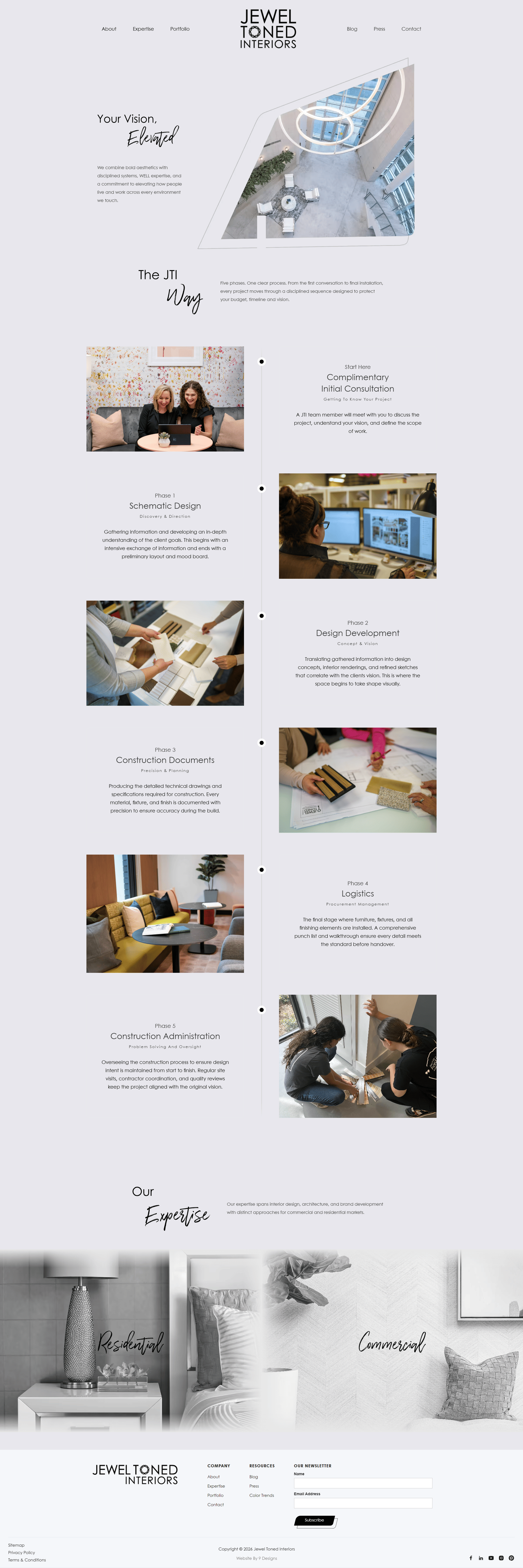 Full-page view of the Jewel Toned Interiors website, designed and built by 9 Designs