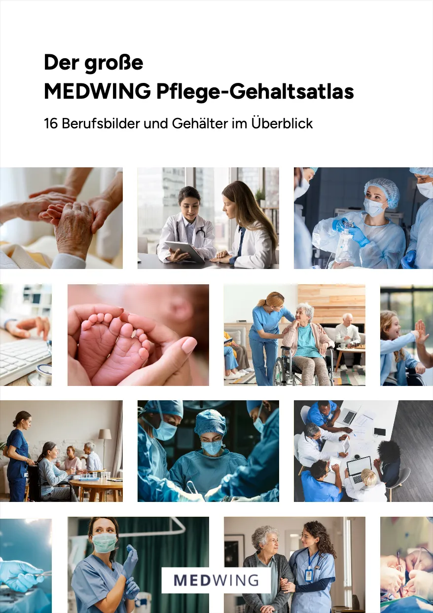 Titelblatt des MEDWING Pflege-Gehaltsatlas mit Bildern von Pflegeberufen und medizinischer Betreuung.