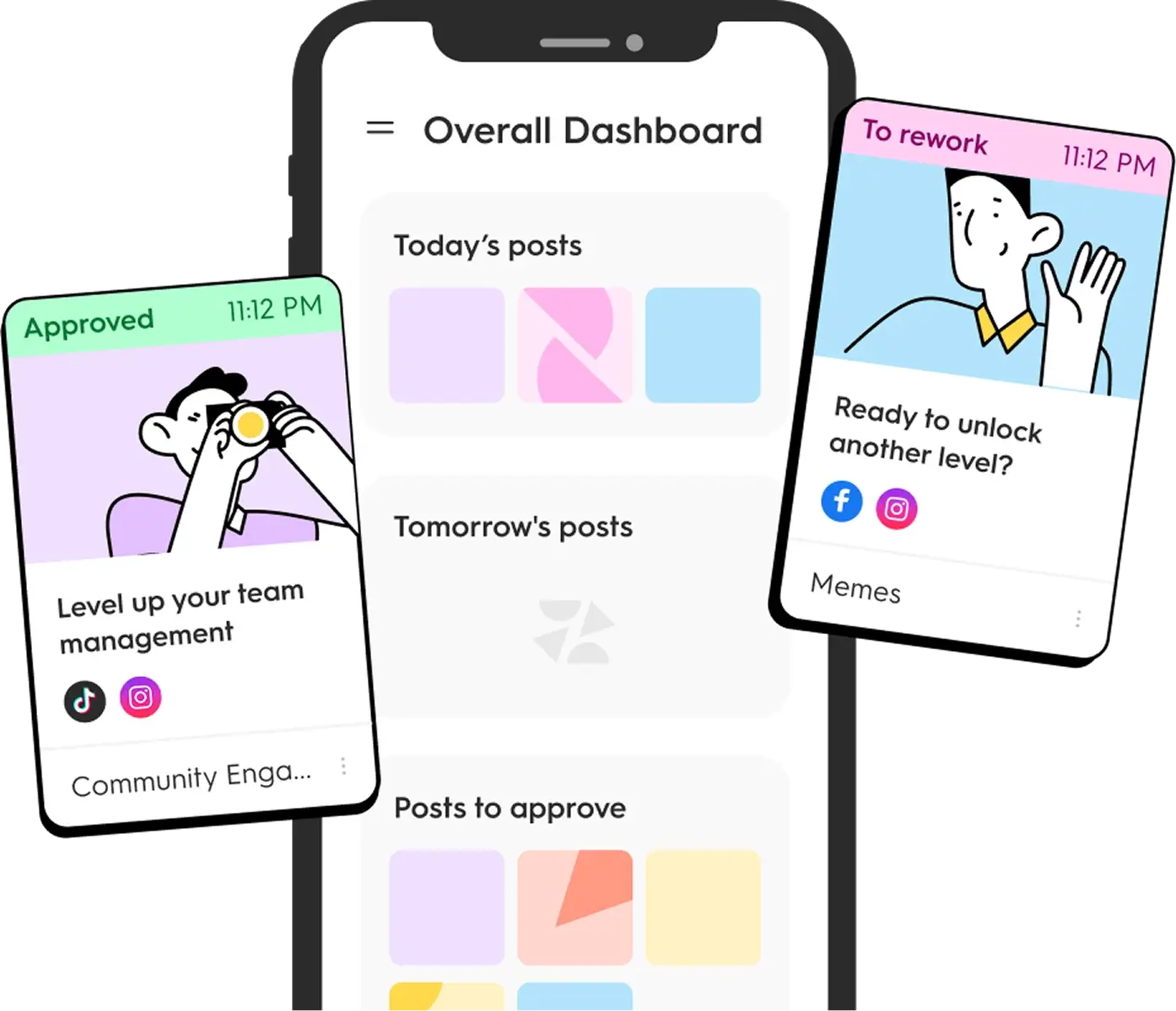Illustration of a social media management dashboard on a mobile screen. The dashboard shows sections for Today’s posts, Tomorrow’s posts, and Posts to approve. Two post previews are displayed: one marked “Approved” with the caption “Level up your team management” for TikTok and Instagram, and another marked “To rework” with the caption “Ready to unlock another level?” for Facebook and Instagram. The interface highlights workflow stages for content approval and scheduling.