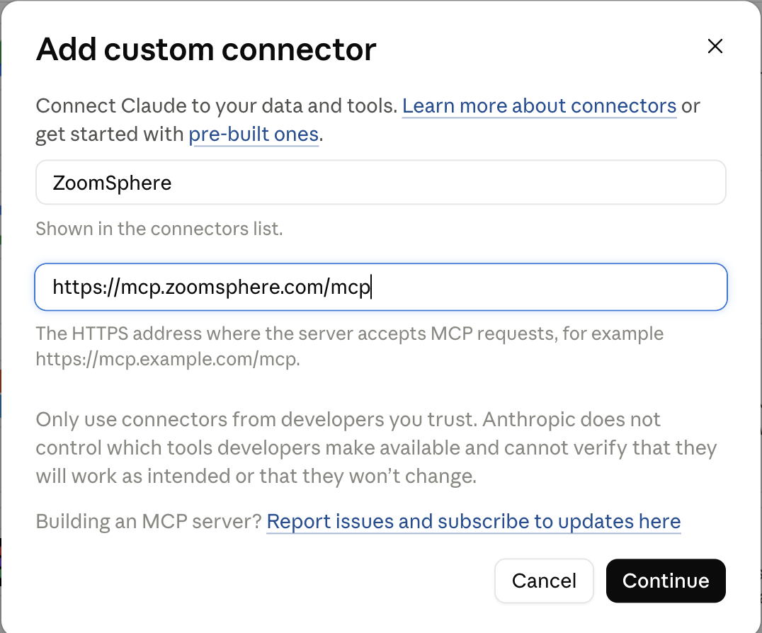 Adding ZoomSphere as a custom connector in Claude: name, server address, sign-in