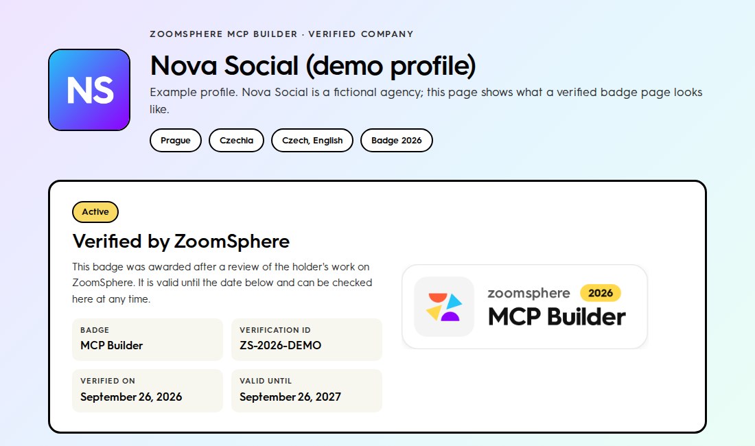Example of a verified MCP Builder profile on zoomsphere.com