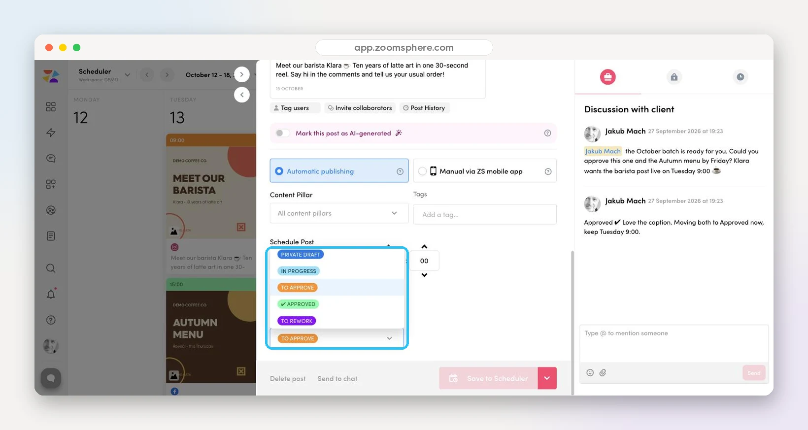 Status dropdown on a post card with custom workflow statuses