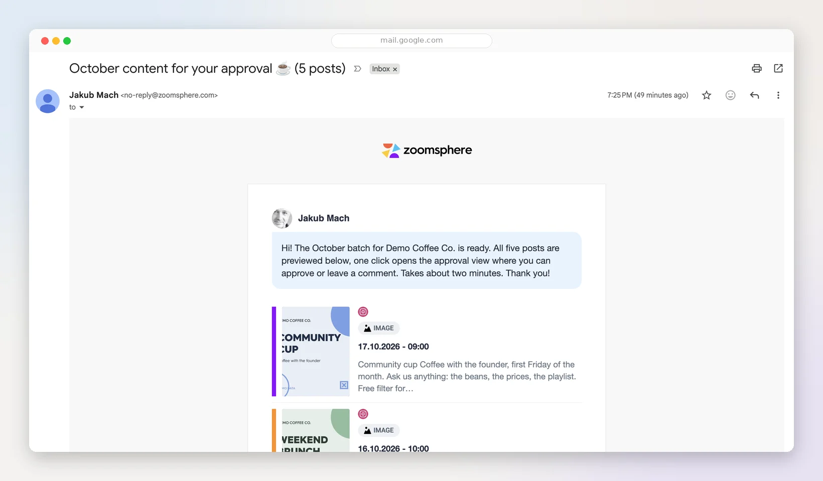 ZoomSphere approval email in the client's Gmail inbox: October content for your approval, a personal note and posts previewed with dates, approved in one click