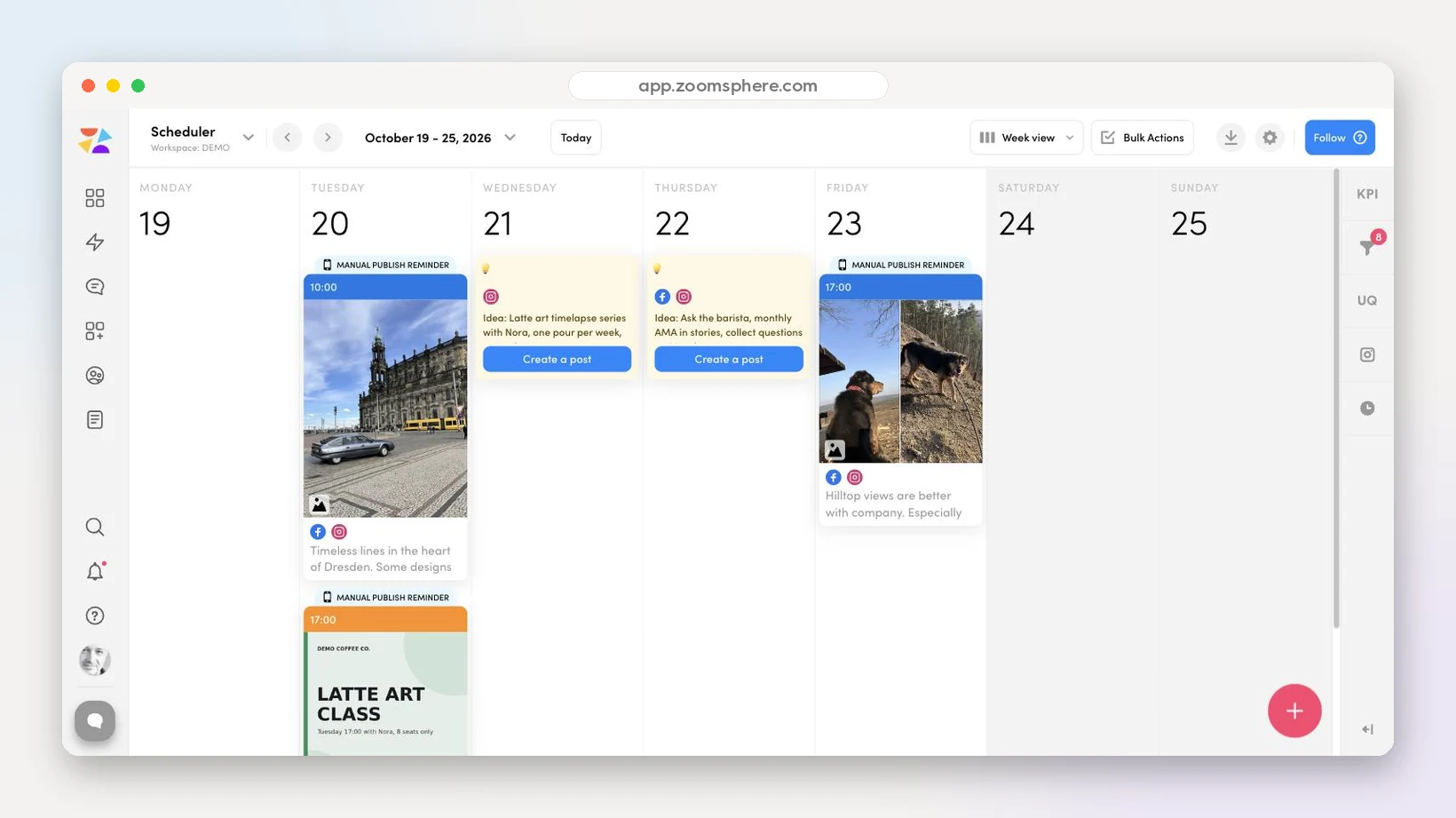 Calendar week with idea cards and Create a post buttons