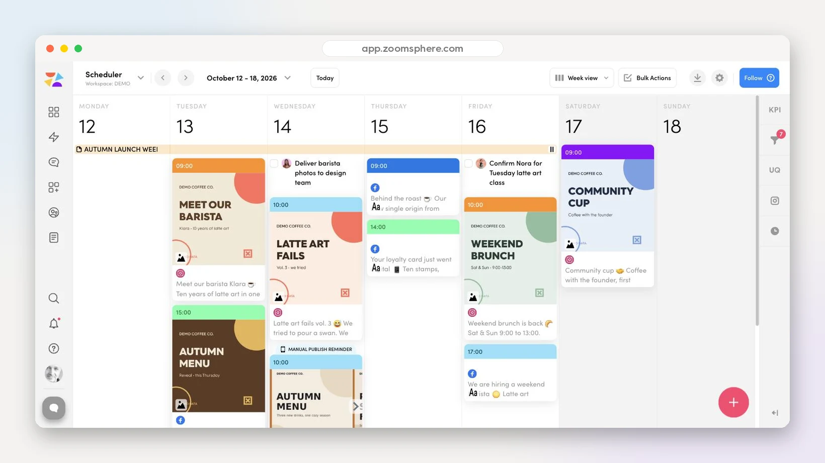 ZoomSphere content calendar week view with campaign note, quick tasks, color coded statuses and a carousel post