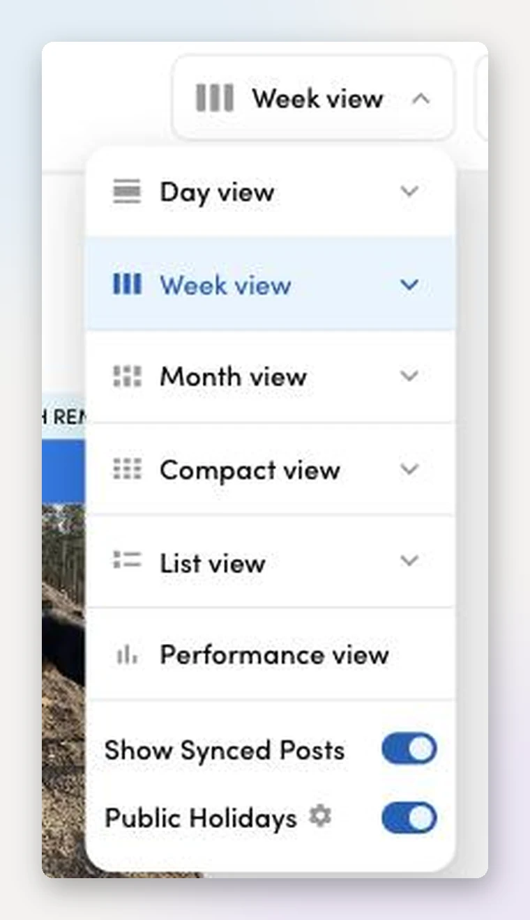 View switcher with Day, Week, Month, Compact, List and Performance views