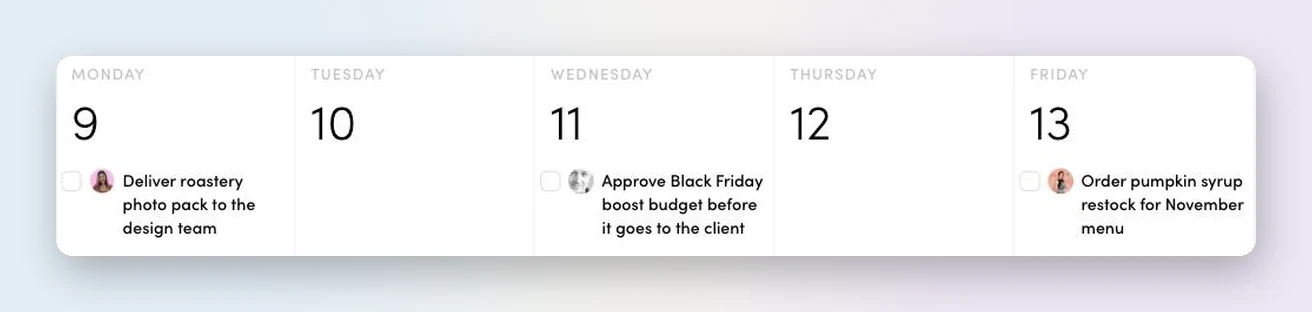 Three quick tasks assigned to three different team members with avatars and checkboxes
