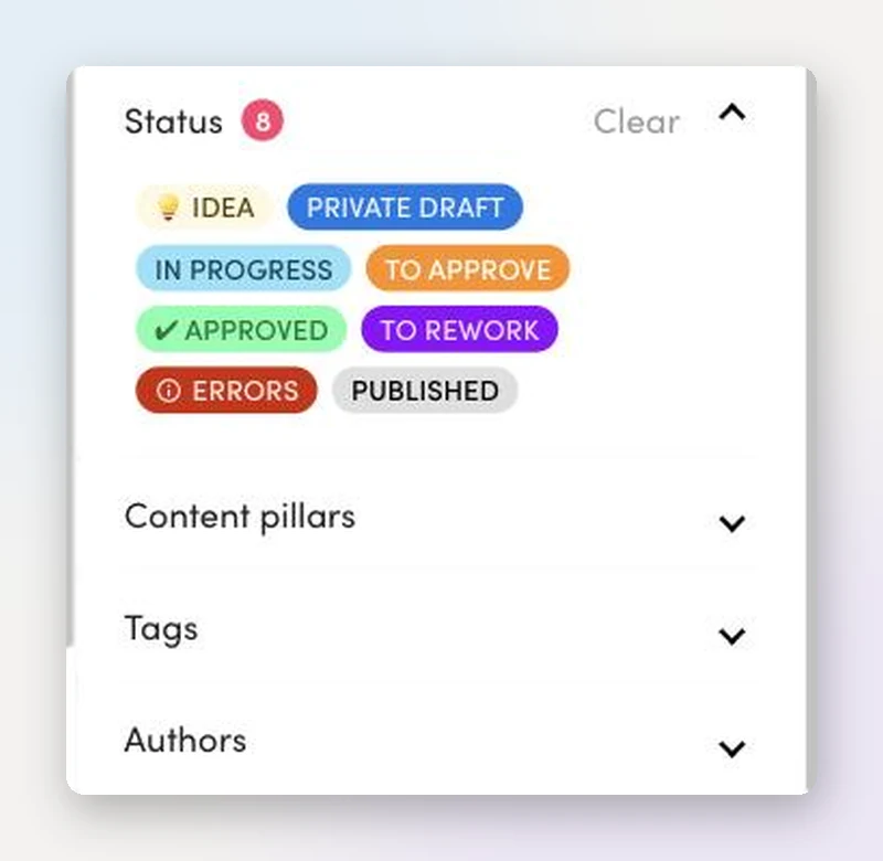 Filter panel with eight custom status chips, content pillars, tags and authors