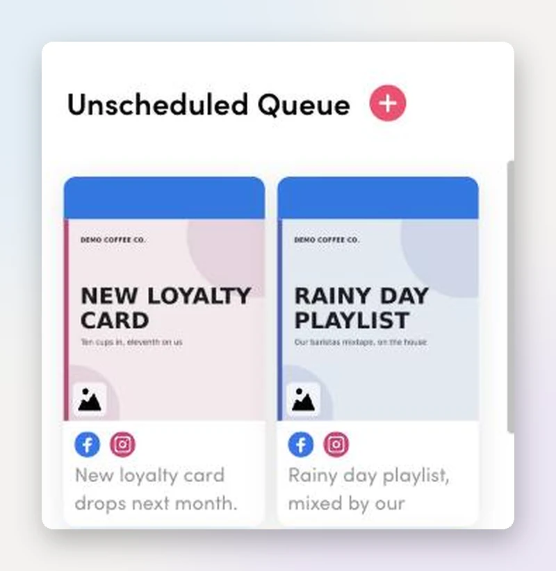 Unscheduled Queue panel with ready to publish posts waiting for a date