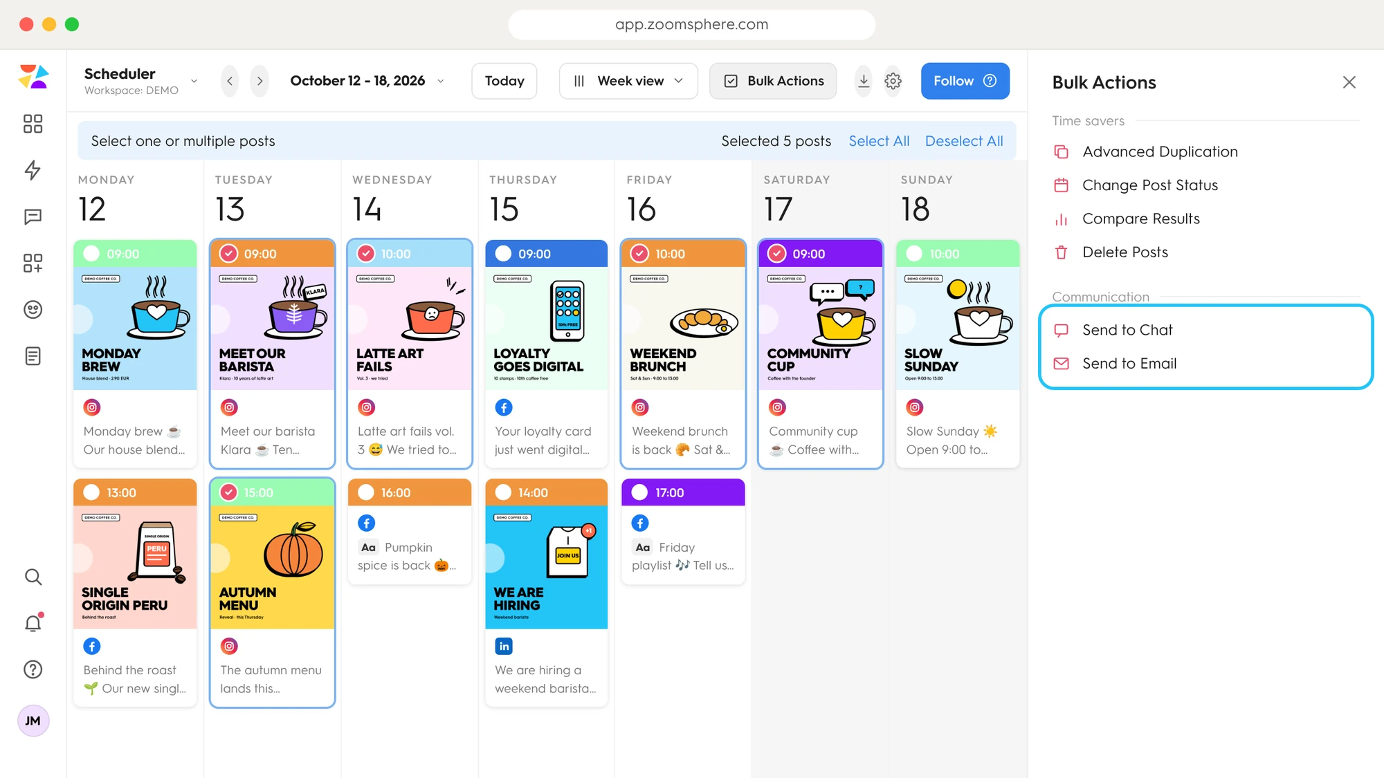Bulk Actions in ZoomSphere Scheduler: five posts selected, Send to Chat and Send to Email one click away