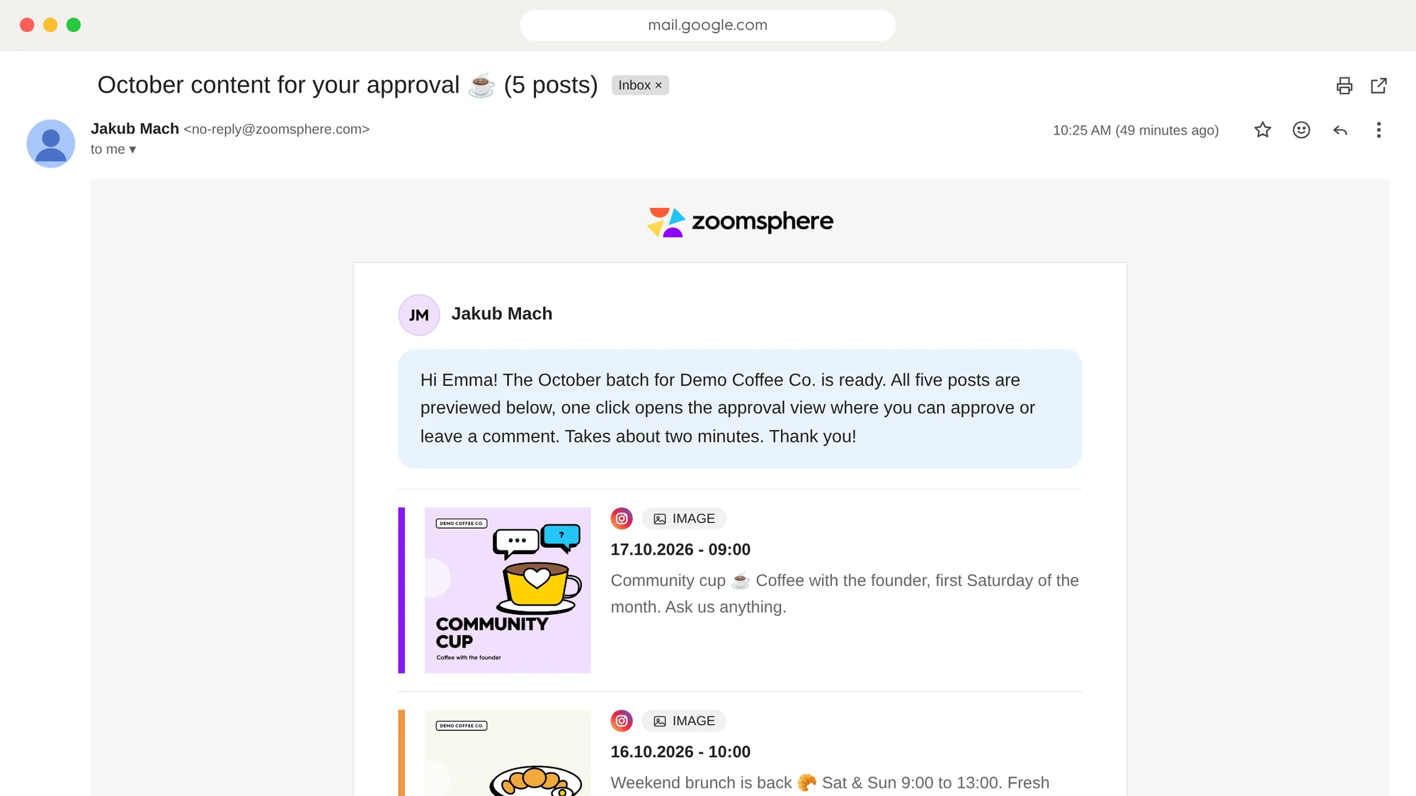 The approval email in the client's Gmail inbox: subject line October content for your approval, a personal note and five posts previewed with dates and thumbnails