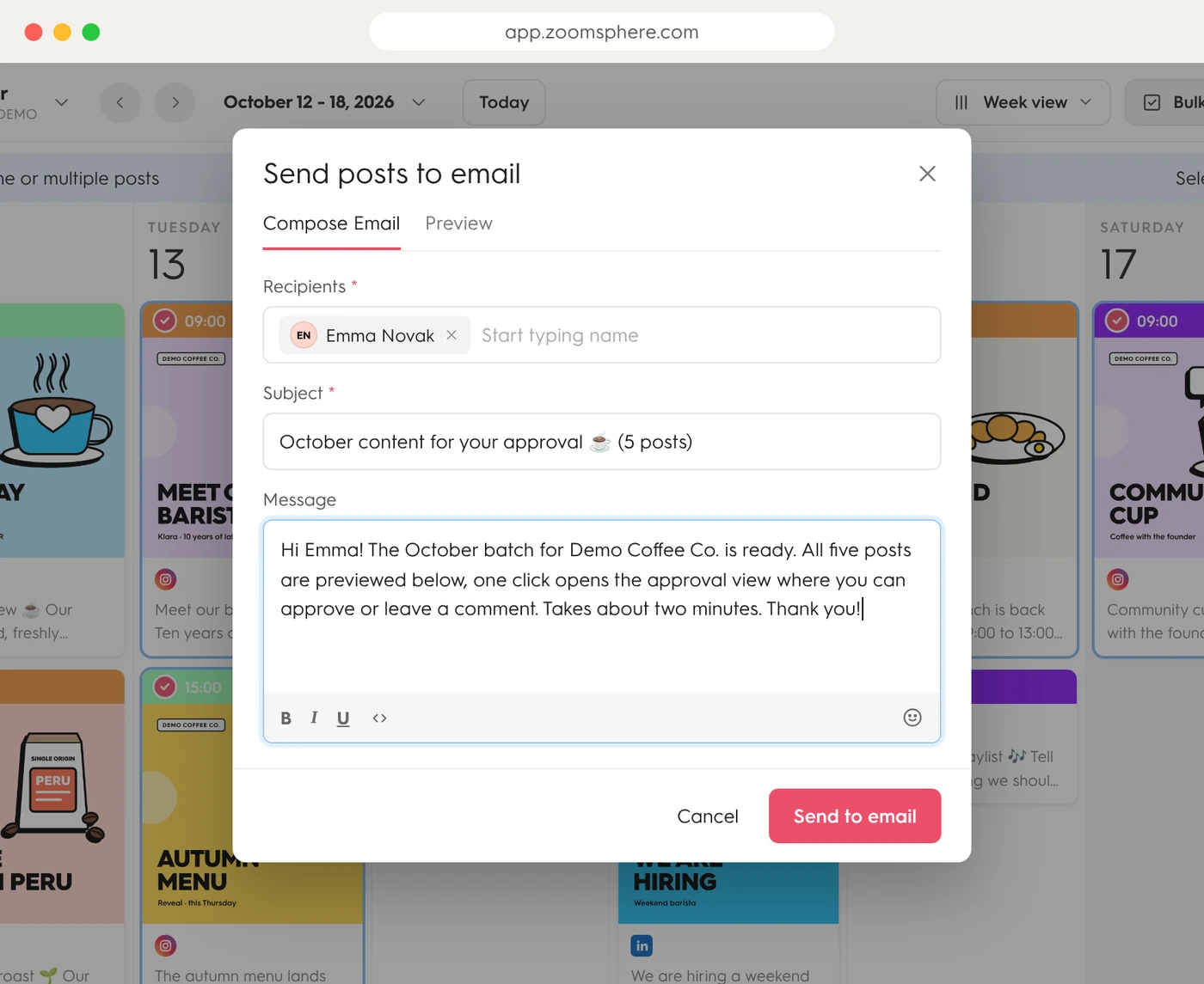 Send posts to email in ZoomSphere: recipient, subject and message composed for client approval