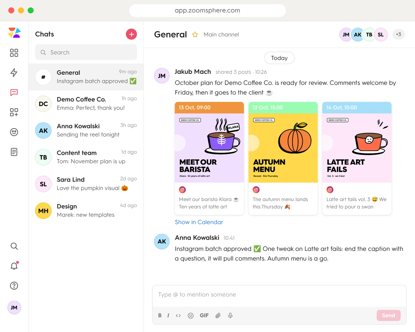 Content plan shared to ZoomSphere chat: three post cards with dates and statuses plus an approval reply