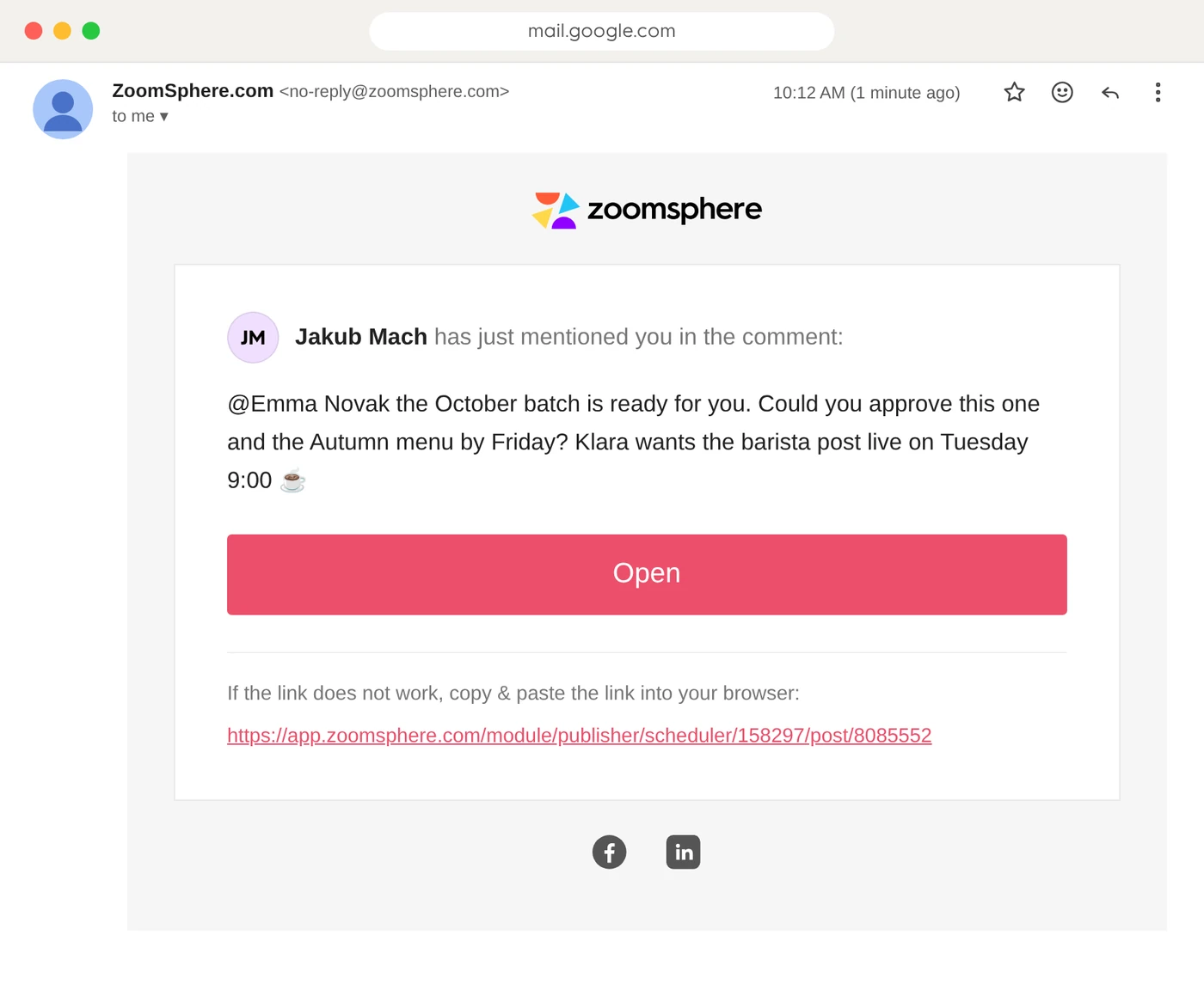 Real Gmail notification from a ZoomSphere mention with an Open button leading straight to the post
