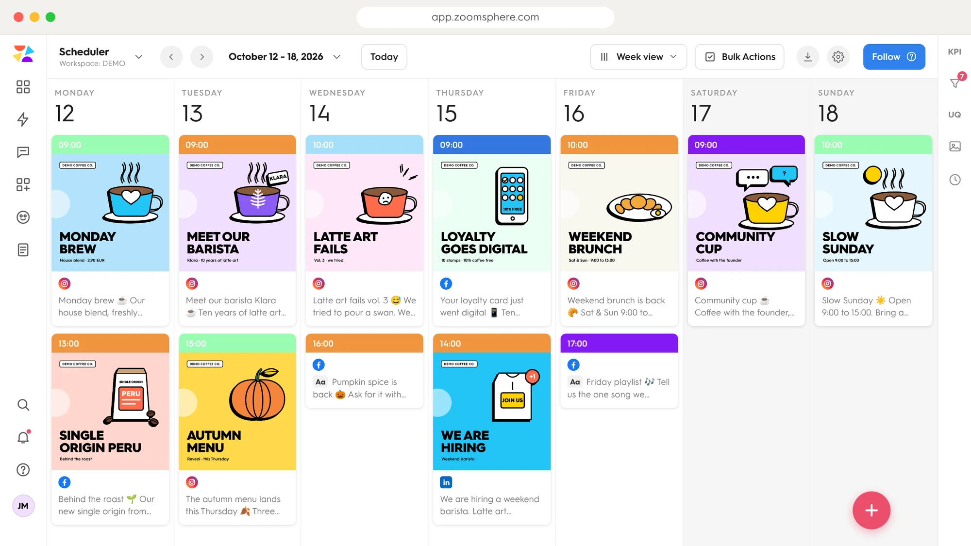 ZoomSphere Scheduler weekly calendar with color-coded approval statuses on every post