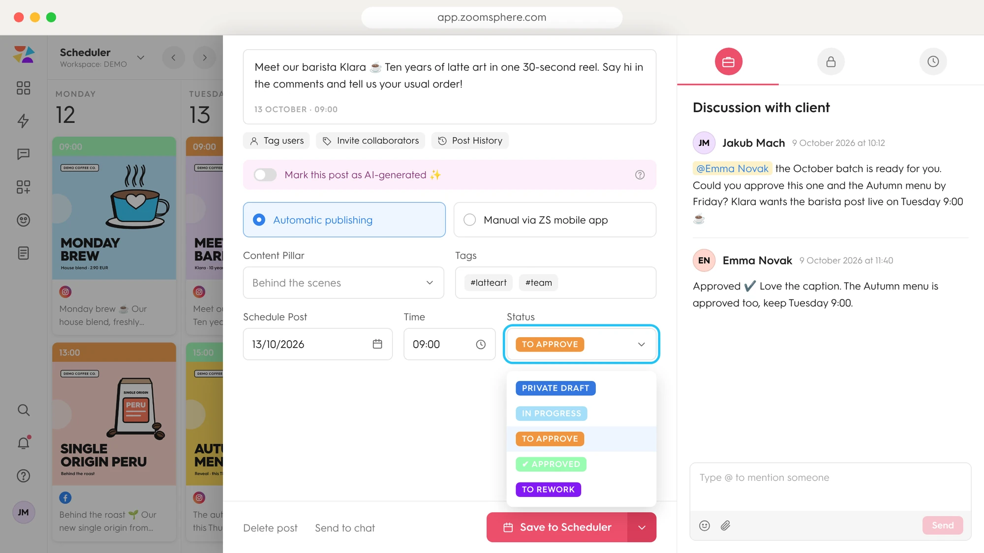 Post status dropdown in ZoomSphere: Private Draft, In Progress, To Approve, Approved and To Rework