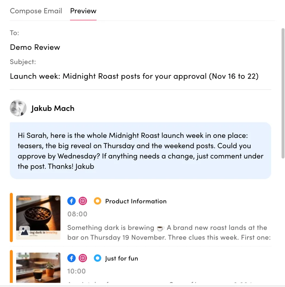 Send posts to email: preview of the approval email for the client