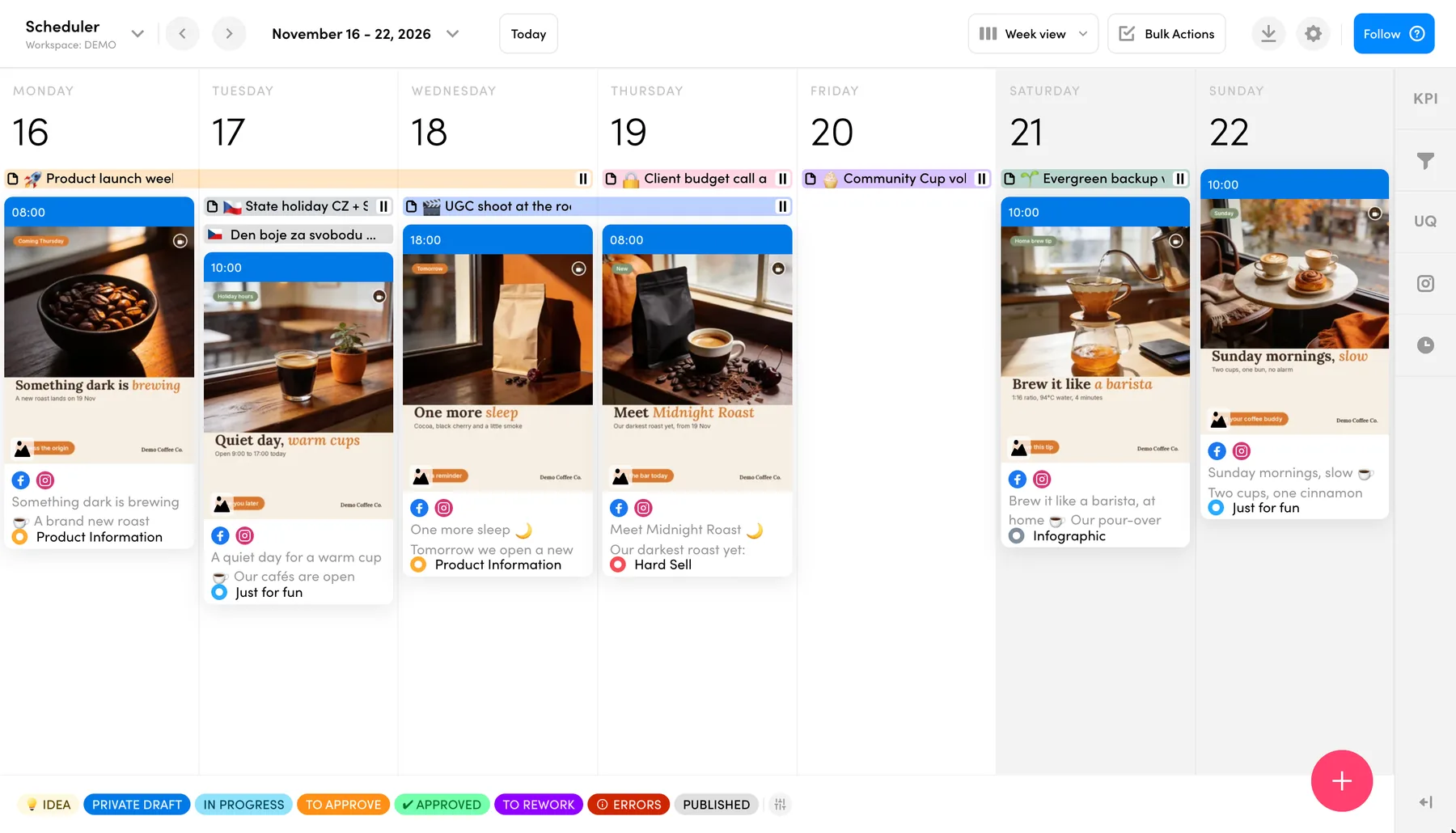 ZoomSphere calendar week with seven AI drafts for Demo Coffee Co. and Quick Notes above the days