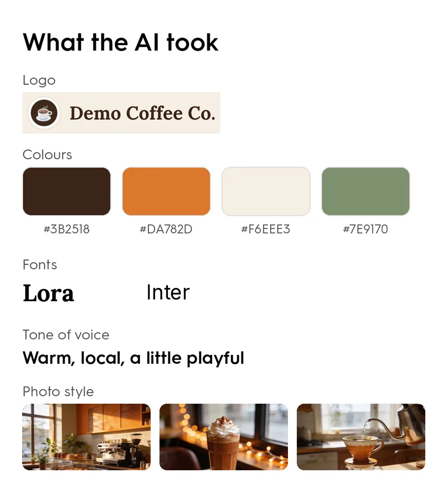 What the AI took from the website: logo, colours, fonts, tone of voice, photo style