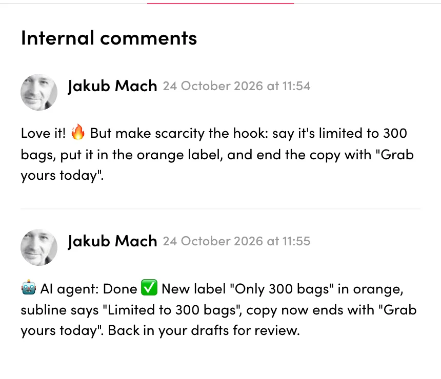 The AI agent replies: done, new label Only 300 bags, copy ends with Grab yours today